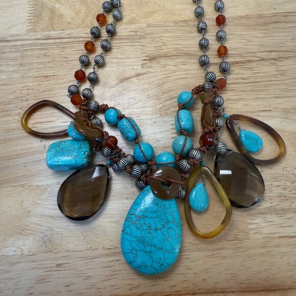 Chunky Multistrand Turquoise & Brown Statement Necklace W/ Beaded Accents Adjust - Picture 11 of 12